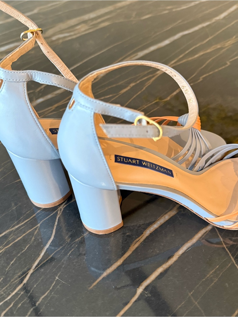 Stuart Weitzman Sky Blue and Orange Knotted Strappy Block Heel Sandals - Picture 4 of 4
